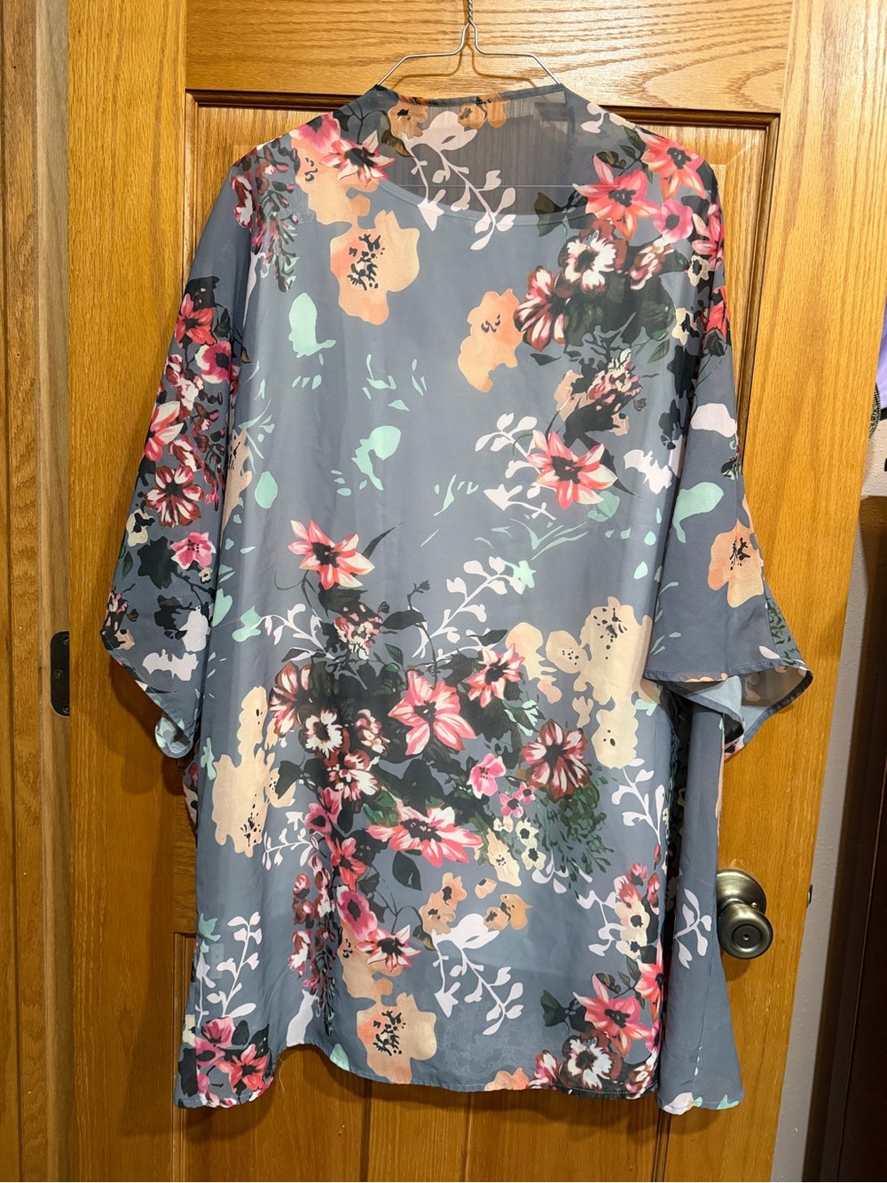 Floral Open Front Kimono Jacket - Gray with Pink & Peach Flowers - Picture 2 of 5